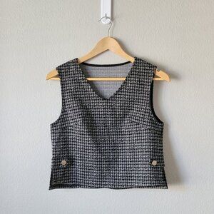 Tweed Sleeveless Vest Top |V-Neck Bouclé Crop Blouse |Classic Houndstooth Preppy